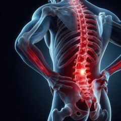 Human Anatomy Back Pain 3D Medical Illustration of Lumbar Spine with Red Highlight Showing Severe