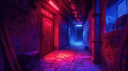 A dimly lit alleyway with graffiti and red and blue lights