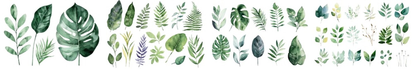 Naklejka premium Palm leaves and a variety of green plants, including monstera, ivy, palm, dracaena, haworthia, and ficus, are illustrated in a watercolor botanical painting with a summer set
