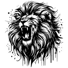 Vector illustration of a roaring lion head with flowing mane, drawn with black pencil on a transparent background