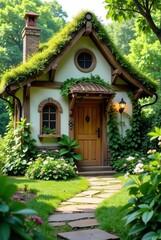 Enchanted Cottage Garden Path A Picturesque Stone Walkway Leading to a Charming, Moss-Covered House with Lush Greenery