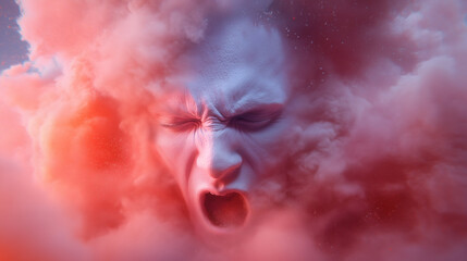 A powerful expression of anger emerges from a face enveloped in colorful clouds, capturing the intensity of raw emotion in a dramatic artistic representation
