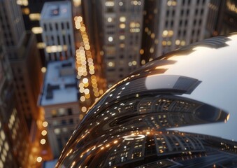 Cityscape reflection in a metallic surface during twilight.