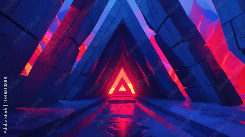 Poster a triangular illuminated pathway through a textured futuristic structure