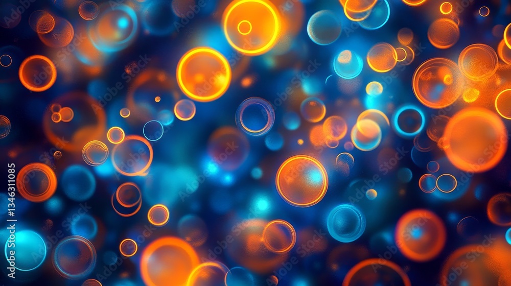 Poster bright digital art featuring floating bubble-like shapes in blue and orange on a dark background. th