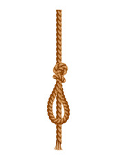 Hanging rope with tassel and node. Knitted nautical thread or marine vertical fiber. Textile tassel hang at rope isolated on white background. Vector illustration