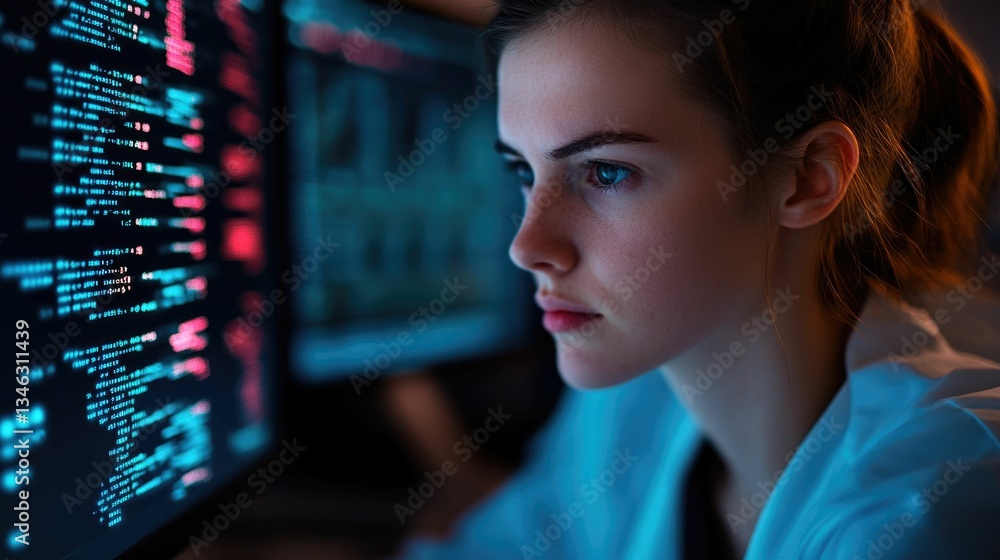 Poster focused researcher intently analyzing dna data on computer screens in a bright high tech laboratory 