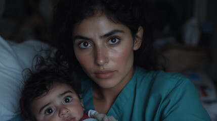 A woman in scrubs cradles a baby in her arms, both looking directly at the viewer with serious expressions in a softly lit room during the evening
