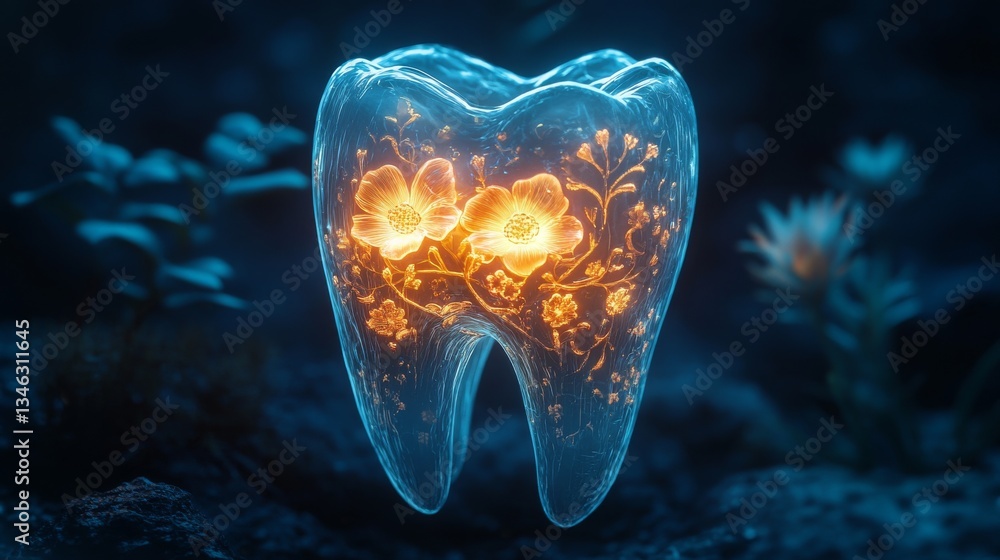 Poster a translucent glass tooth glowing with vibrant orange and yellow floral patterns, creating a surreal