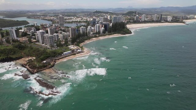 Coolangatta Coastal Suburb, Beach, Snapper Rocks, And Ranbow Bay Beach In NSW, QLD, Australia. - aerial shot