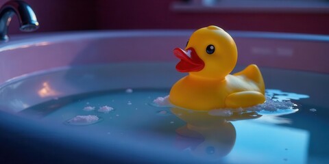 Serene Bathtime Companion A Yellow Rubber Duck Floats Calmly in a Tub of Still Water, Surrounded by Gentle Bubbles
