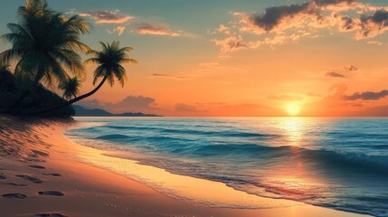A vibrant tropical beach scene with palm trees silhouetted against a glowing sunset over the ocean.