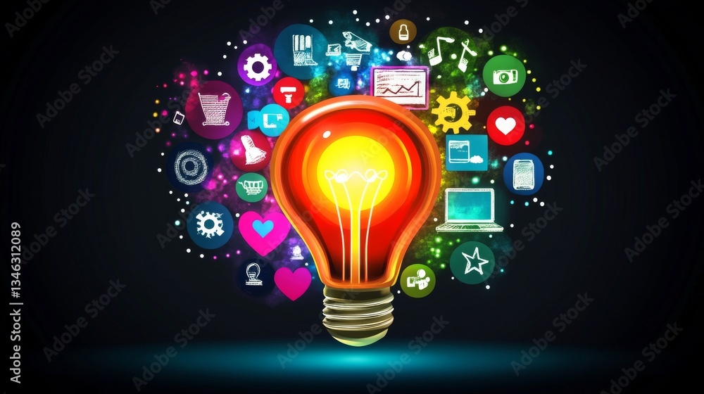 Poster a glowing red light bulb surrounded by colorful digital icons, symbolizing creativity, innovation, a
