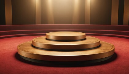 Podium in Spotlight: A golden tiered podium sits center stage on a red carpet, illuminated by dramatic spotlight, ready for presentation or award.