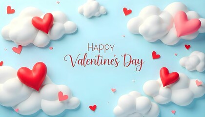 "A dreamy and romantic Valentine's Day-themed illustration featuring fluffy, white clouds floating against a pastel blue sky.The lighting is soft and diffused, enhancing the ethereal background.