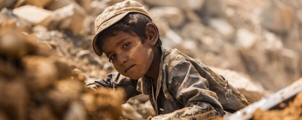 Powerful image of a child laborer working in dangerous conditions, highlighting the need for global action against exploitation.