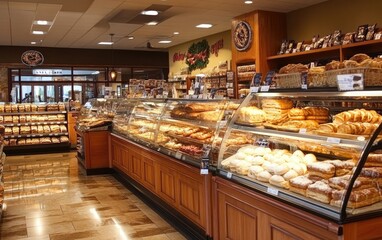 Pastry shop with fresh baked goods and delicious desserts at the market