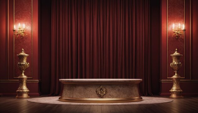 Stage of Elegance: A luxurious stage with ornate golden decor, a marble platform, and a rich red curtain, exudes sophistication, perfect for product presentations.