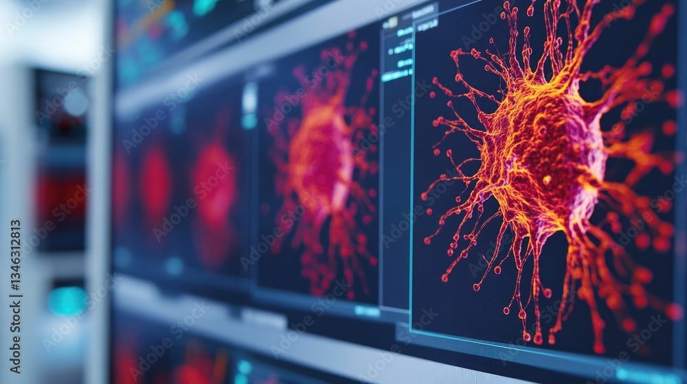 Poster close up view of detailed cancer cell imaging displayed on a computer screen within a high tech medi