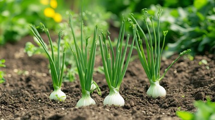 Green onions growing in the ground