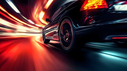 Car driving through a dark tunnel with bright headlights illuminating the path ahead in motion blur effect