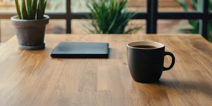 utility innovation strategy concept. Cozy workspace with a coffee cup, tablet, and potted plant on a wooden table.