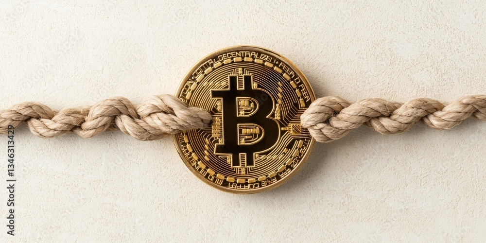 Poster utility innovation strategy concept. bitcoin coin intertwined with rope on a textured surface.