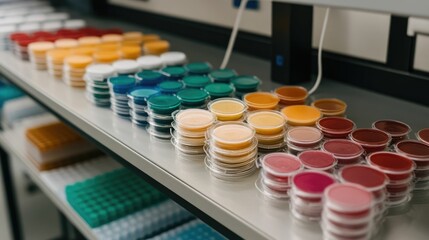 An organized arrangement of various colorful oncology research tools and equipment including petri dishes pipettes and other laboratory apparatus on a clean and tidy lab bench surface