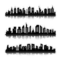 Naklejka premium black vector set of three vector cities design of black city silhouette on white background