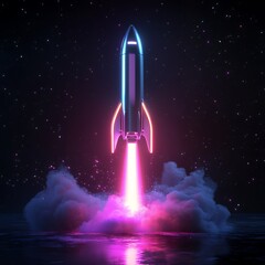Obraz premium Futuristic Rocket Launching into Space Neon Lights Night Sky
