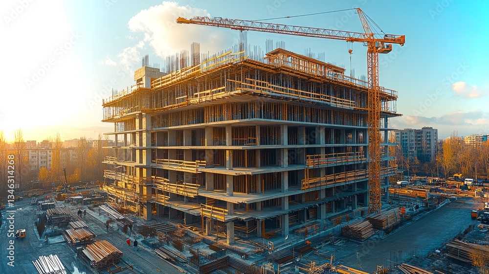 Poster construction site developing multi-story building with crane and scaffolding in urban setting