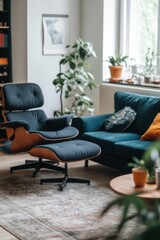 Dark blue chair in stylish modern living room. Cozy living room arrangement with sitting area, colorful pillows and picture frames.