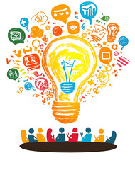 group sits together, feeling inspired as they brainstorm ideas, bright light bulb symbolizing their collaborative innovation and shared vision