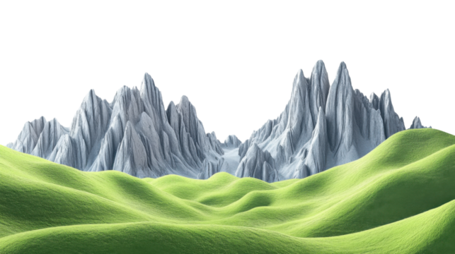 Green grassy hills flowing towards majestic gray mountains with transparent background