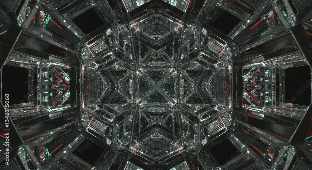 Poster mysterious mirror tunnel: abstract and symmetrical kaleidoscope-like tunnel featuring reflective sur