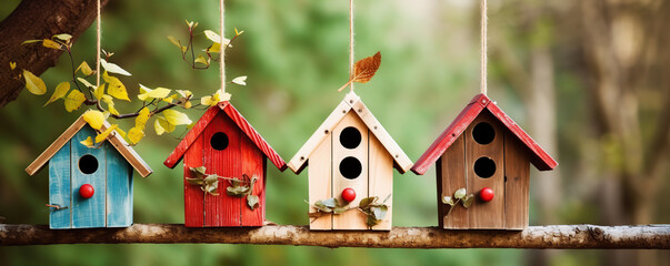 Decorative wooden birdhouses hanging from a branch in a serene forest setting during autumn