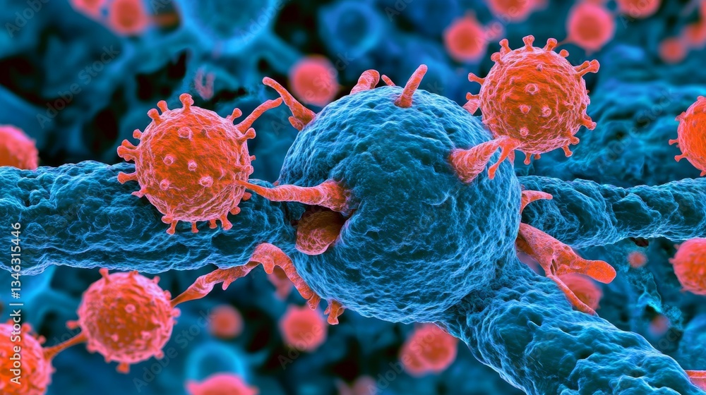 Aufkleber a dynamic 3d illustration showing red viruses interacting with a cell in a scientific context. the v