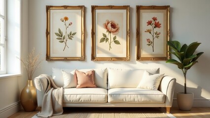 Elegant botanical prints adorn a sunlit living room, complementing a creamy sofa and stylish decor