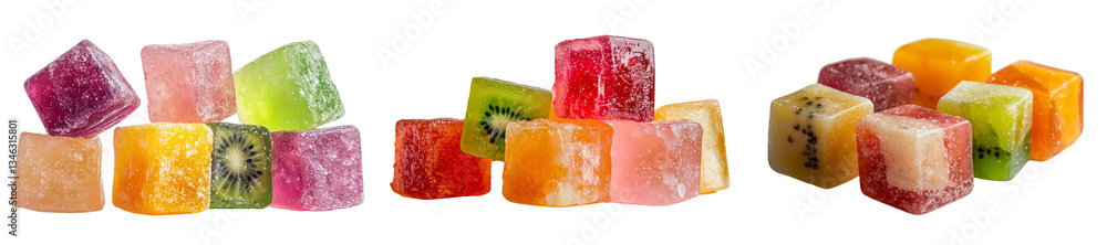 Poster A white background provides a clean setting for a varied selection of square gummy candies, each one sugar-coated and available in a range of colors