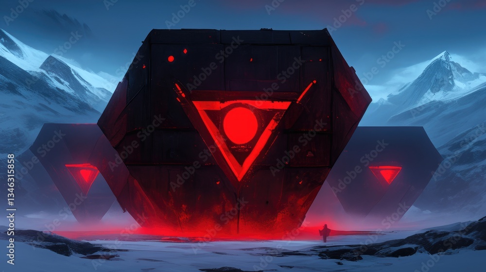 Poster three geometric structures are in a snowy environment with red lights