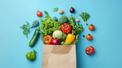 Grocery Shopping Concept. Paper Bag Overflowing with Fresh Produce on Vibrant Blue Background