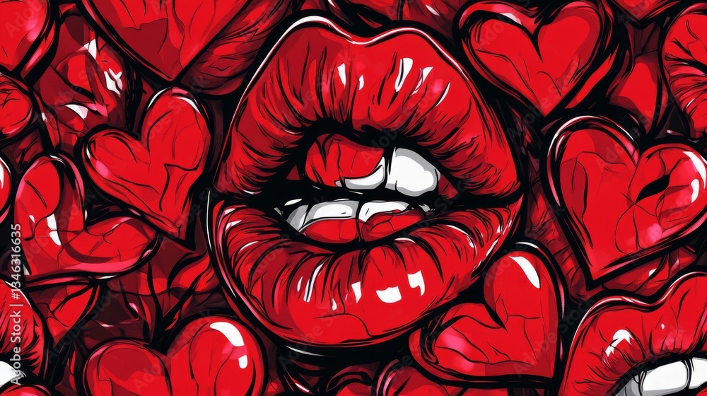 Poster a vibrant artistic pattern featuring glossy red lips biting provocatively surrounded by bold red hea