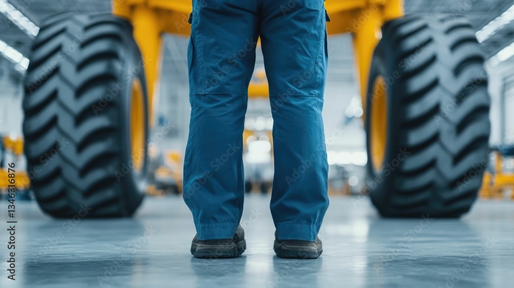 Poster workers in blue uniforms inspecting and maintaining the landing gear systems of an aircraft in an in