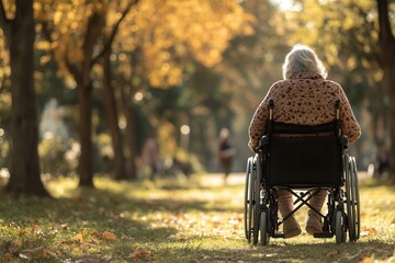 Elderly woman in a wheelchair enjoying a peaceful autumn park.