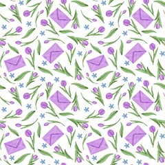 Seamless pattern with tulips, small flowers and envelopes. Watercolor illustration.