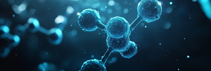 Abstract Blue Molecular Structure With Luminous Energy Pathways in Focus and Particle Background