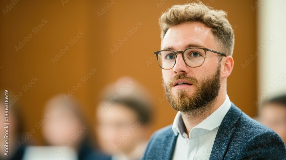Poster portrait of a bearded serious looking man in glasses providing an explanation or answer to a student