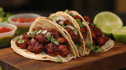 Traditional Mexican street tacos served with grilled meat, lime wedges, and fresh salsa, presented on a rustic wooden table with vibrant colors and appetizing textures.