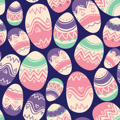 A dark blue background featuring a scattered pattern of Easter eggs in pastel shades of pink, purple, blue, and green with zigzag, heart, and floral designs, perfect for holiday crafts.