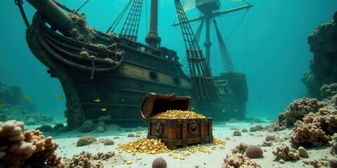 Sunken Galleon's Hidden Treasure An Underwater Scene of a Sunken Ship and a Chest Full of Gold Coins on the Ocean Floor
